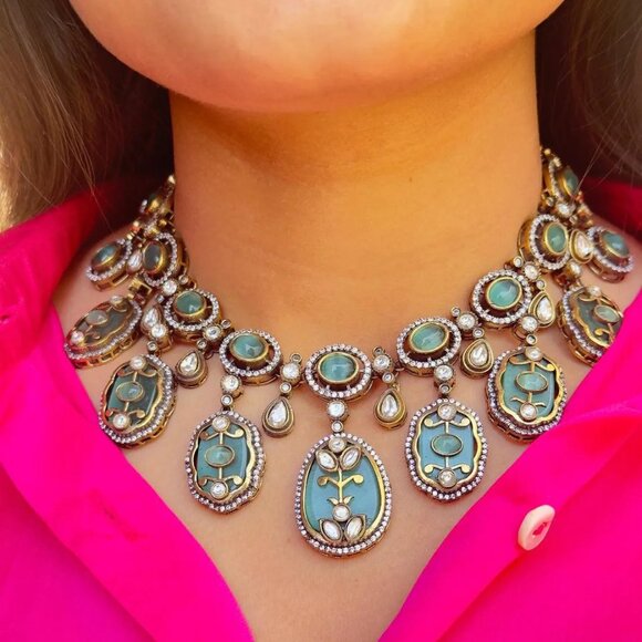 Victorian Polish Moissanite Polki Holdali Necklace Set - Picture 1 of 2